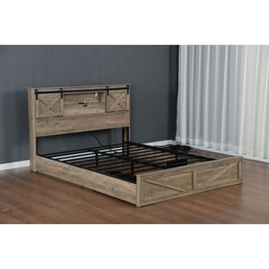 Base de Cama Queen Size Estilo Rústico con Luces LED, Estación de Carga, Cabecera de Madera Rústica y 2 Cajones de Almacenamiento - Product Image 1