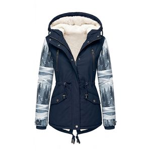 Parka pour femme à manches imprimées personnalisées, bleu marine, en tissu tissé, à capuche, à manches longues, à double rabat, vente en gros, promotion - Product Image 2