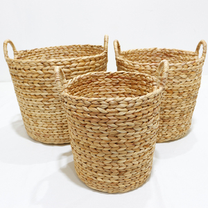Paniers de rangement écologiques en jacinthe d'eau avec poignées, forme ronde, style nordique, ensemble de paniers de rangement multi-usages pour la lessive - Product Image 1