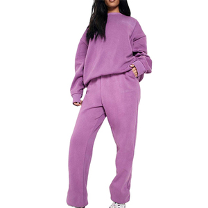 <b>Women</b> Plus Size <b>Purple</b> <b>Tracksuit</b> Set Crew Neck Full Sleeve Elastic Waist Loose Fit Solid Color Casual Autumn Wear - Product Image 1