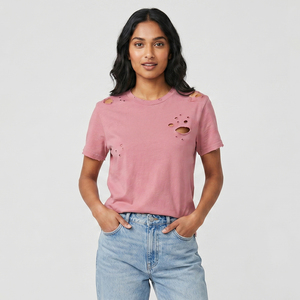เสื้อยืดคอกลมแขนสั้นสไตล์ดิสเทรสสำหรับผู้หญิง ผ้าฝ้าย 100% เสื้อยืดแฟชั่นสตรีทสไตล์ดิสเทรสสำหรับผู้หญิง - Product Image 4