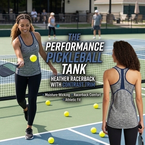 Débardeur de performance pour femme pour le pickleball, en maille chinée, dos nageur, col ras du cou avec bordure contrastante, évacuation de l'humidité, coupe confortable, vêtement de sport - Product Image 2