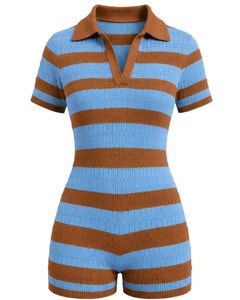 Mono de punto a rayas azul cielo y marrón para mujer, manga corta, cuello polo, informal de verano, de una pieza, ajustado, diseño personalizado - Product Image 2