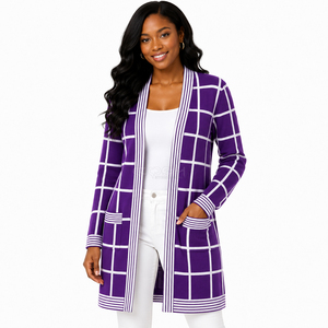 Cosh International Sorority Sisterhood Acrylic <b>Purple</b> Plaid Knitted Long <b>Cardigan</b> Anti Pilling Office <b>Cardigan</b> Design - Product Image 1