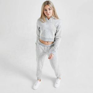 Custom <b>Crop</b> <b>Top</b> <b>Hoodie</b> and Joggers Set Women Fleece Two Piece Tracksuit Grey Slim Fit Sweatsuits Jogging Suits Gym Activewear - Product Image 3
