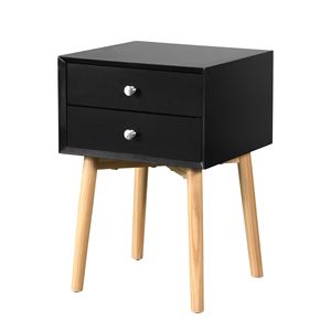 Mid Century Modern 2-Drawer Nightstand with Rubber Wood Legs <b>Black</b> <b>Bedside</b> <b>Table</b> for Bedroom & Living Room Storage - Product Image 2
