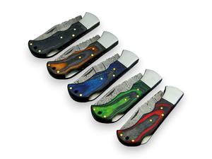 Ensemble de 5 couteaux pliants en acier Damas, manche en bois Pakka, étui en cuir, couteau de poche EDC, couteau de chasse, couteau de camping, personnalisé - Product Image 2