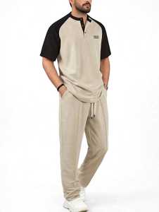 <b>Men's</b> Cotton Summer Printed Color Block Short Sleeve <b>Henley</b> <b>Shirt</b> & Drawstring Sweatpants Casual 2-in-1 Tracksuit Set - Product Image 3