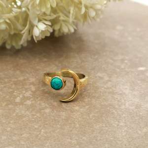 Celestial Turquoise Crescent Moon <b>Ring</b> 14K Gold Plated Brass <b>Adjustable</b> Unisex Bezel Set Boho & Hippie Daily Wear Jewelry - Product Image 1