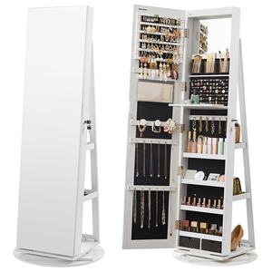 Miroir sur pied moderne en bois massif avec armoire de présentation de bijoux, design rotatif à 360 degrés verrouillable pour salon et chambre à coucher - Product Image 1