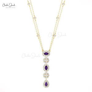 Natural 0.63 Ct Prong Setting Amethyst <b>Necklace</b> with 14k Fine Gold Diamond Halo <b>Statement</b> Chain <b>Necklace</b> from Verified Supplier - Product Image 4