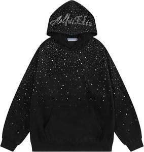 Sweat à capuche délavé 450 g/m² avec strass, effet vieilli, impression DTF, en tissu molleton bouclette effet vieilli avec doublure gaufrée - Product Image 2