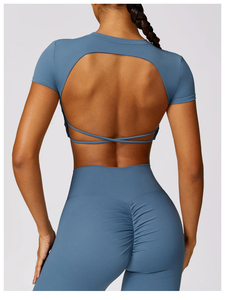 Women's High Waist Elastic Solid Yoga Sets Short Sleeve Backless Crop Top Strappy Yoga Bra Custom Logo Sexy Plus Size Design - Product Image 2