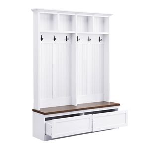 Porte-manteau de hall 4-en-1 style ferme avec banc en bois veiné, 2 grands tiroirs, organisateur d'entrée - Product Image 1