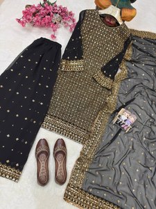 Conjunto de Kurti y Palazzo de Georgette Negro y Dorado para Mujer con Bordado de Lentejuelas y Zari, Dupatta Completamente Cosida, Traje Étnico de Tres Piezas para Fiesta - Product Image 4