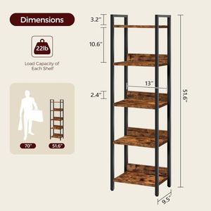 Libreria a 5 Ripiani in Stile Rustico Marrone per Spazi Piccoli, Scaffale Organizzatore per Soggiorno - Product Image 2