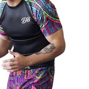 Camiseta de Compresión Negra Personalizada para Hombre, Estampado Paisley Multicolor, Mangas Cortas Raglán, Cuello Redondo, Ajustada, para Gimnasio, Entrenamiento, Protección contra Rozaduras, Ropa Deportiva - Product Image 5