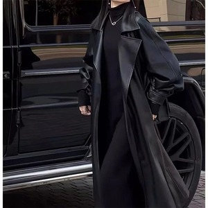 Chaqueta Larga de PU Negra Estilo Racer con Cuello Vuelto, Ajuste Holgado, Transpirable, de Piel Sintética para Mujer, Estilo Minimalista de Otoño - Product Image 3