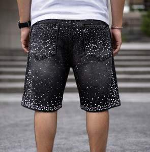 <b>Mens</b> Streetwear Denim <b>Shorts</b> Elastic Waist High Woven Solid Distressed Embroidery <b>Patch</b> Rhinestone Detail Flared Summer Style - Product Image 2