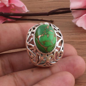 Bague de mariage en argent sterling 925 avec sertissage en turquoise cuivre vert naturel, pierre verte Mojave, pour femmes et hommes, pierre précieuse - Product Image 4