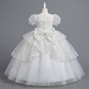 Princess Style 2026 Hot Selling Luxury Solid Satin Soft Lining Sparkly <b>White</b> Flower Girl <b>Dress</b> Puffy Sleeve Bow Applique Ball - Product Image 3