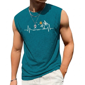 Débardeur sans manches pour homme RexFit Sports, couleur turquoise, imprimé palmier et battement de cœur, col rond, décontracté, respirant, en polyester, modèle exclusif - Product Image 1