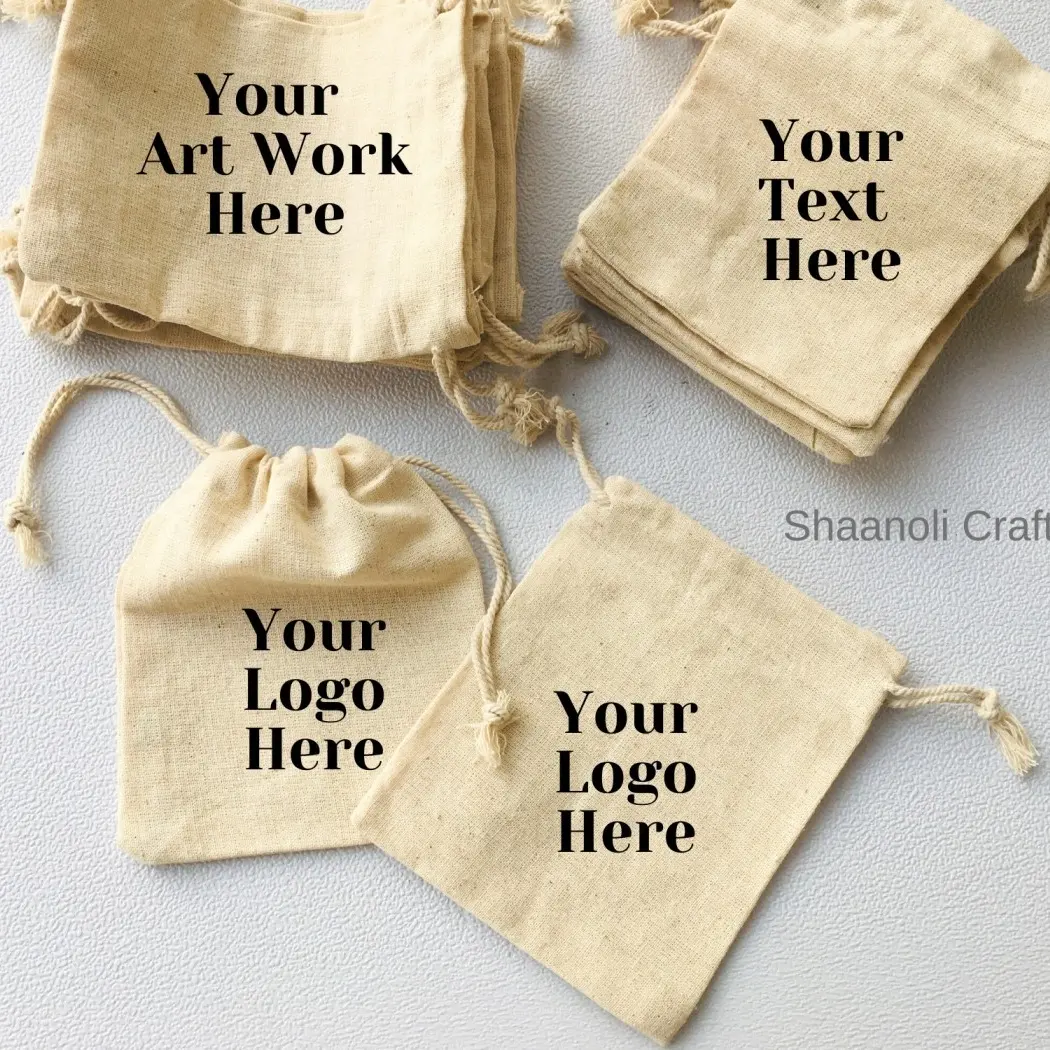 New Arrival 100 % Cotton Customized Logo Printed Drawstring Bag For Gifts Customized Quotes Printed Bags