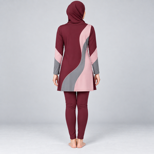Conjunto Burkini Modesto de 3 Piezas, de Alta Demanda, con Cobertura Completa, Top Corto de Cuello Alto y Cintura Alta, con Logotipo Frontal, Efecto Lavado - Product Image 2