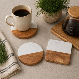 Wooden <b>Marble</b> Coaster <b>Set</b> for Tea <b>Coffee</b> Glass Mug Heat Resistant <b>Table</b> Mat Accessories Premium Quality Finish - Product Image 2
