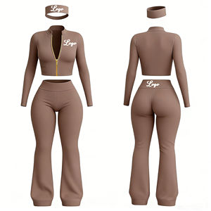 Conjunto Deportivo de Mujer Y2K de Alta Calidad con Logotipo Personalizado, Chaqueta con Cremallera Completa y Pantalones Acampanados, Conjunto de 3 Piezas para Gimnasio y Fitness - Product Image 1