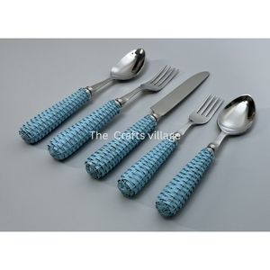 Juego de Cubiertos Modernos de Acero Inoxidable con Mango Azul Tejido, Juego de Cuchara, Tenedor y Cuchillo, Cubertería Premium, Utensilios de Cocina, Vajilla - Product Image 6
