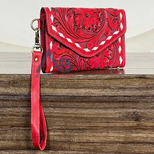 Cartera de mano mini de piel auténtica con diseño floral grabado, modelo 2026, para mujer, estilo occidental, tarjetero, con protección RFID - Product Image 1