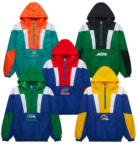 Men's Blue Gray Color Block Hooded Puffer Jacket Half Zip Windproof Sporty Embroidered Logo Front Regular Fit Autumn Wear - Product Image 4