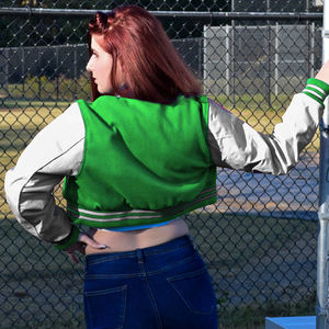 Chaqueta Corta Estilo Universitaria para Mujer, Verde y Blanca, Estilo Bomber, Mangas de Cuero Sintético, Ropa Exterior Informal, Moda Femenina - Product Image 4