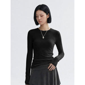 Black <b>Long</b> <b>Sleeve</b> Knitted T-Shirt O-Neck Slim Fit Solid Color Minimalist Men's <b>Top</b> - Product Image 1