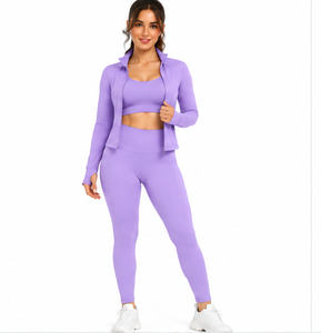 Conjunto de Yoga Personalizado al por Mayor para Mujer, 3 Piezas, Leggings, Top y Chaqueta para Gimnasio, Fitness, Entrenamiento, Ropa Deportiva Transpirable, de Secado Rápido y Elástica - Product Image 4