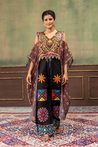Conjunto Étnico de 3 Piezas para Mujer, Top Kaftan de Chifón Tejido con Lentejuelas Bordadas y Parches, Pantalones Anchos, Ropa para Bodas y Festivales - Product Image 6