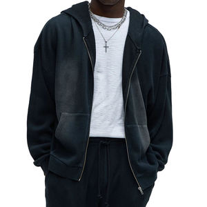Sudadera con Capucha Negra para Hombre, con Cierre, Tejida, de Algodón, Informal, para Otoño, de Color Sólido, con Bolsillos, Corte Regular - Product Image 1