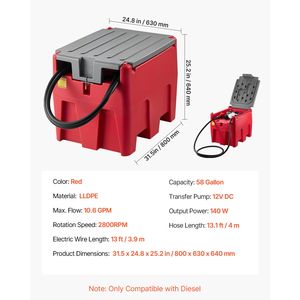 Serbatoio Diesel Portatile da 58 Galloni con Portata di 10,6 GPM e Pompa di Trasferimento Elettrica 12V, Tubo in Gomma da 13,1 Piedi, Attrezzatura per Veicoli - Product Image 5