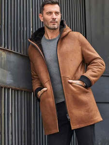 Men's Brown Suede Leather Hooded Jacket With <b>Faux</b> <b>Fur</b> Lining Windproof Winter <b>Coat</b> Casual Style Regular Fit Long Length - Product Image 3
