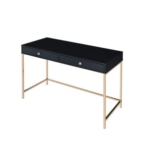Black High Gloss Rectangular Writing <b>Desk</b> with 2 Drawers and Gold Accents Stylish Computer <b>Desk</b> - Product Image 5