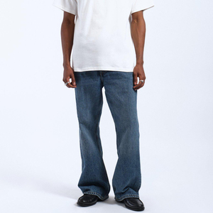 Pantalones vaqueros acampanados de cintura alta para hombre, de mezclilla lavada a la piedra, con cierre de botones, casuales, azules, de algodón, de peso medio, de lona tejida, antiencogimiento - Product Image 2