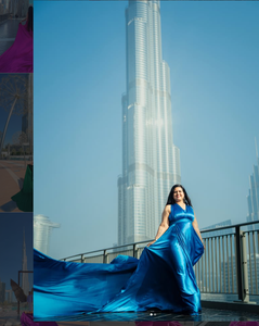 Elegante Vestido Azul Rey para Sesión de Fotos al Aire Libre, Fondo Icónico del Burj Khalifa, Lujoso Vestido Largo de Seda - Product Image 1