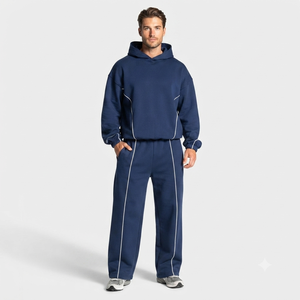 OEM Custom Men's Dark Blue <b>Oversized</b> Contrastline Tracksuit Set Premium Quality Cotton Fleece Hoodie & Wide Leg <b>Sweatpants</b> - Product Image 1