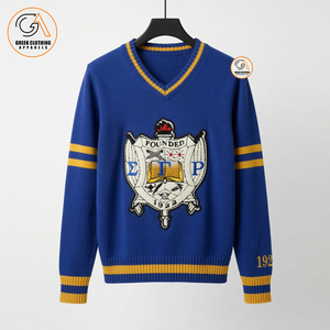 ซิกมาแกมมาโร |   เสื้อสเวตเตอร์ลำลองสำหรับผู้หญิง ลายปักกรีก สีน้ำเงิน แขนยาว คอวี ผ้าฝ้ายระบายอากาศได้ดี - Product Image 1