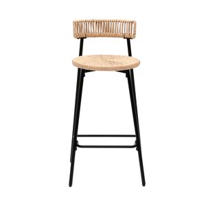 Set di 2 Sgabelli da Bar Neri Intrecciati a Mano con Schienale in Corda di Carta, Sgabelli Rotondi con Poggiapiedi per Isola Cucina e Sale da Pranzo - Product Image 5