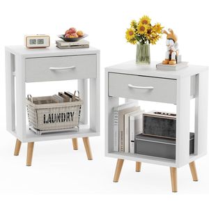 Set di 2 Comodini in Legno con Ripiani Aperti e Cassetti in Tessuto, Tavolino da Camera con Soluzione di Archiviazione Pratica - Product Image 3