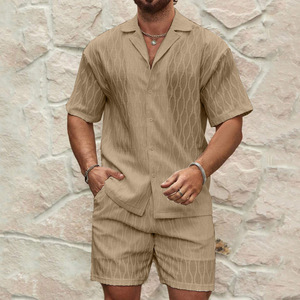 Men's Summer Cotton <b>Knitted</b> Two Piece <b>Set</b> Geometric Pattern Casual Short Sleeve Shirt Shorts Breathable Lightweight - Product Image 5
