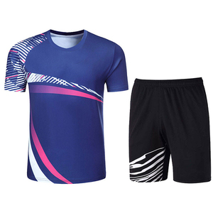 Men's Blue Sublimated Tennis Shirt With Pink Stripes And Black Shorts Set Crew Neck Short Sleeve Moisture Wicking <b>Athletic</b> Wear - Product Image 1