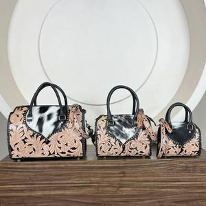 Vintage Speedy Style Genuine Cowhide Leather Tooled Western Leather Floral Design Handcrafted <b>Lady</b> Shoulder Purse Boston Handbag - Product Image 4